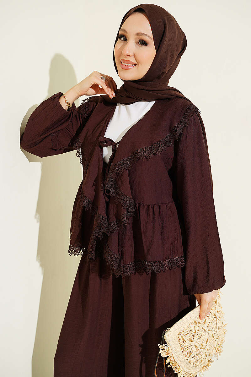 Ruffled Lace Two-Piece Set with Ties - Dark Brown