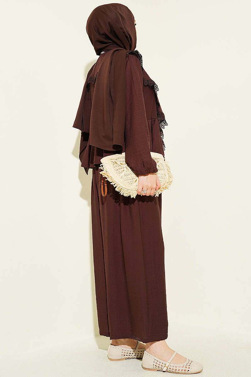 Ruffled Lace Two-Piece Set with Ties - Dark Brown