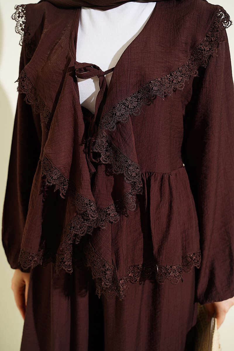 Ruffled Lace Two-Piece Set with Ties - Dark Brown