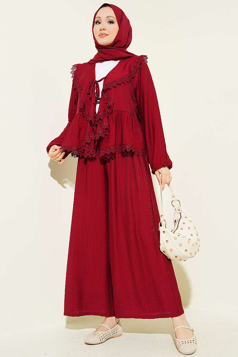 Ruffled Lace Two-Piece Set with Ties - Burgundy