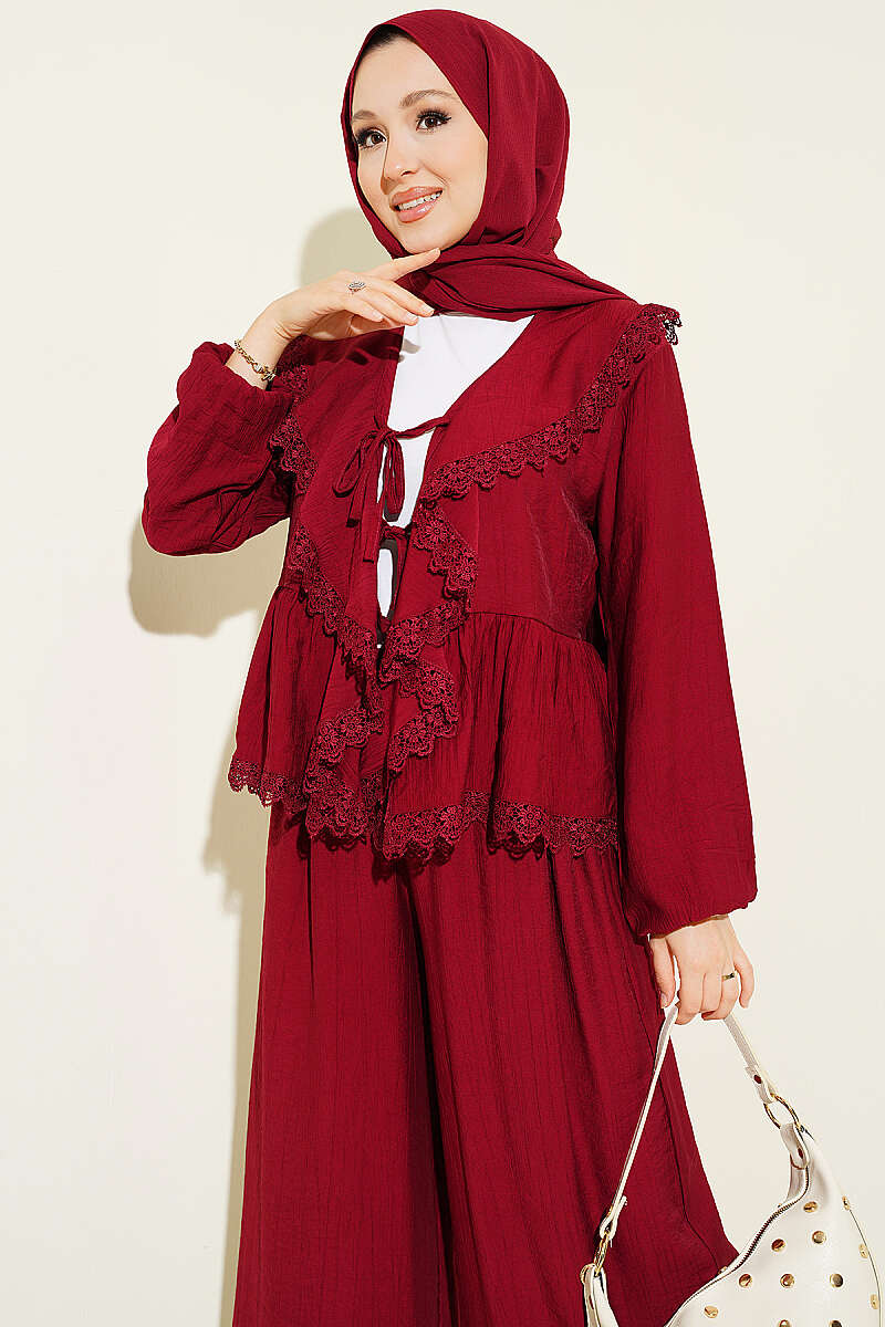 Ruffled Lace Two-Piece Set with Ties - Burgundy