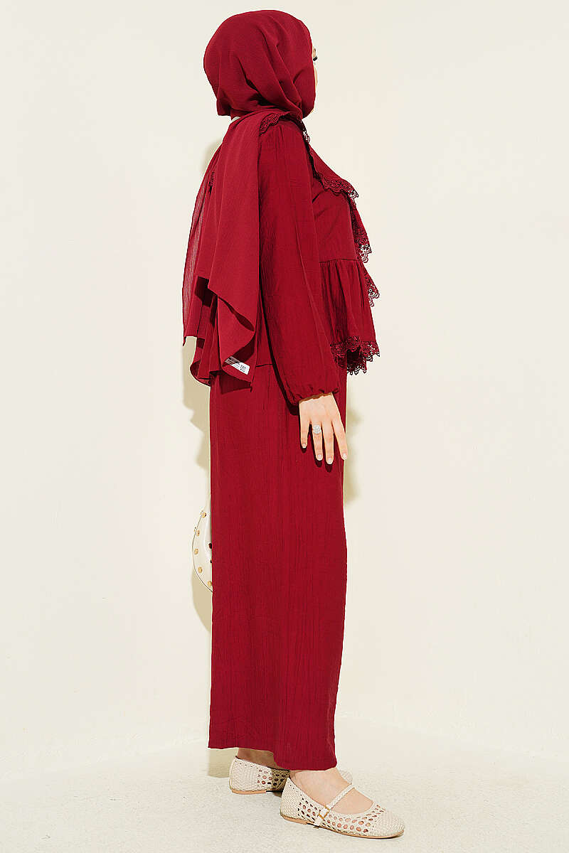 Ruffled Lace Two-Piece Set with Ties - Burgundy
