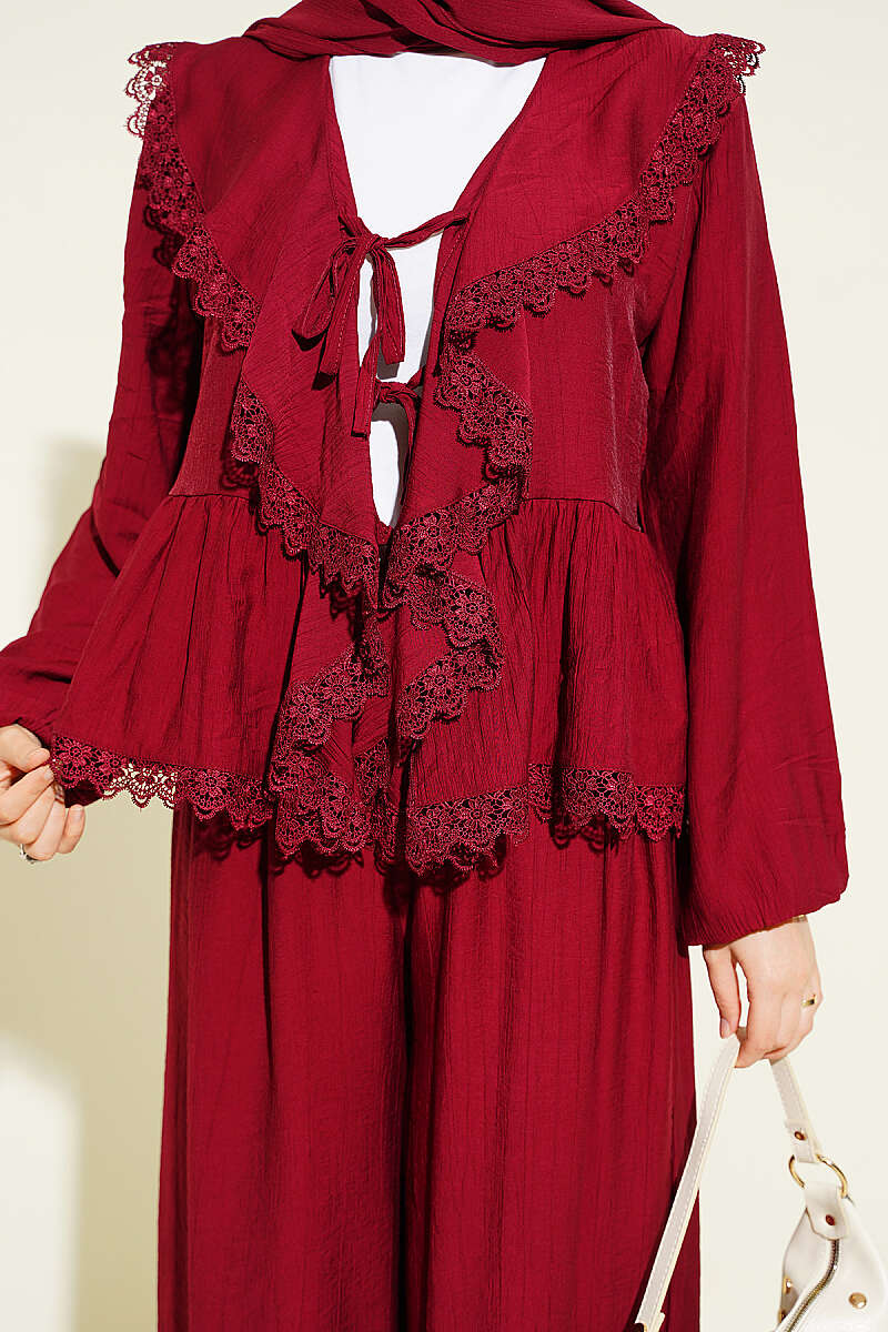 Ruffled Lace Two-Piece Set with Ties - Burgundy