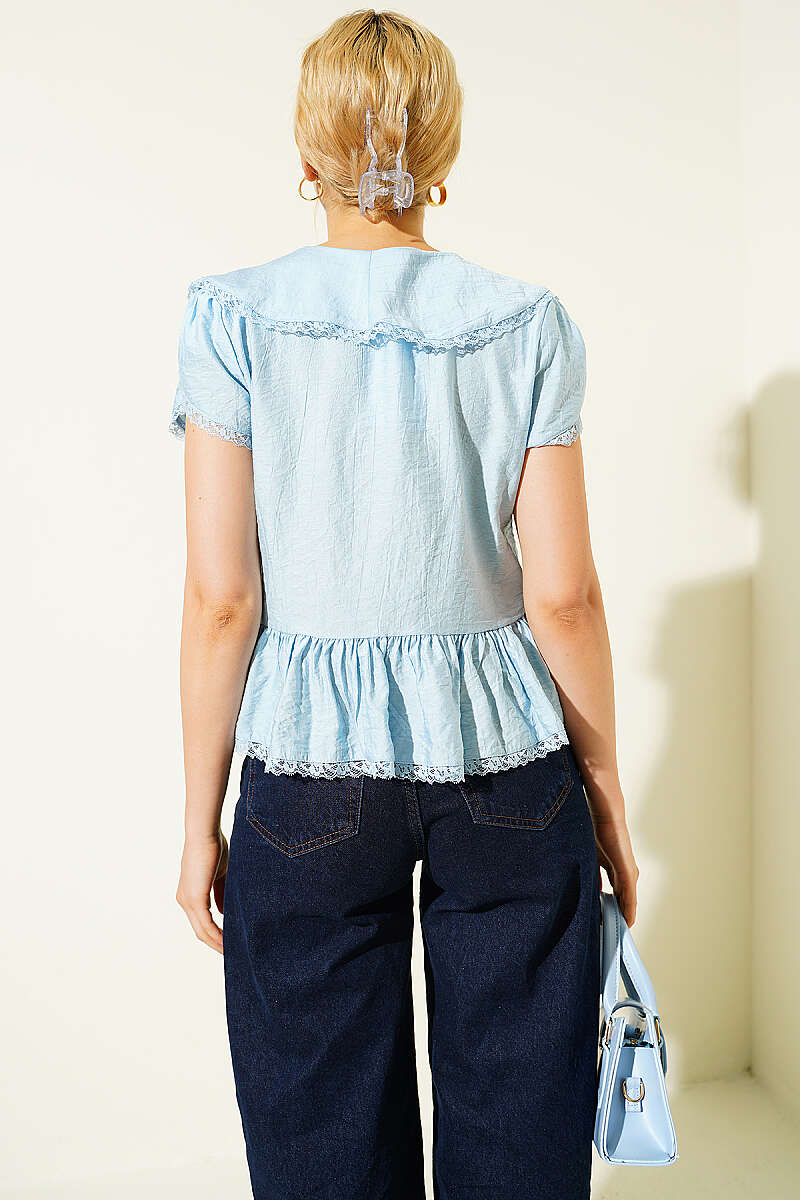 Tie-Front Lace Ruffle Blouse - Light Blue