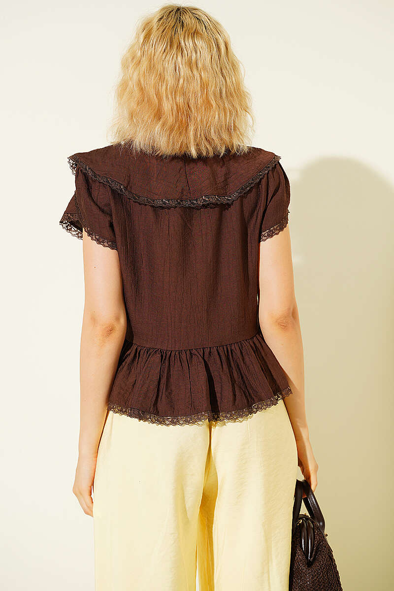 Tie-Front Lace Ruffle Blouse - Brown