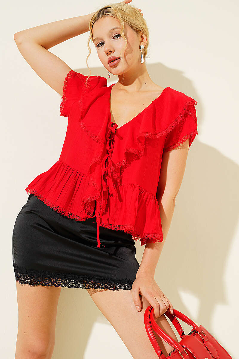 Tie-Front Lace Ruffle Blouse - Red