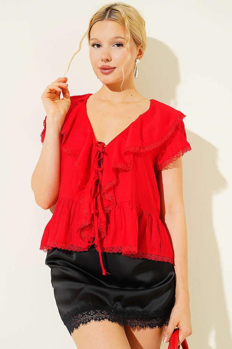 Tie-Front Lace Ruffle Blouse - Red