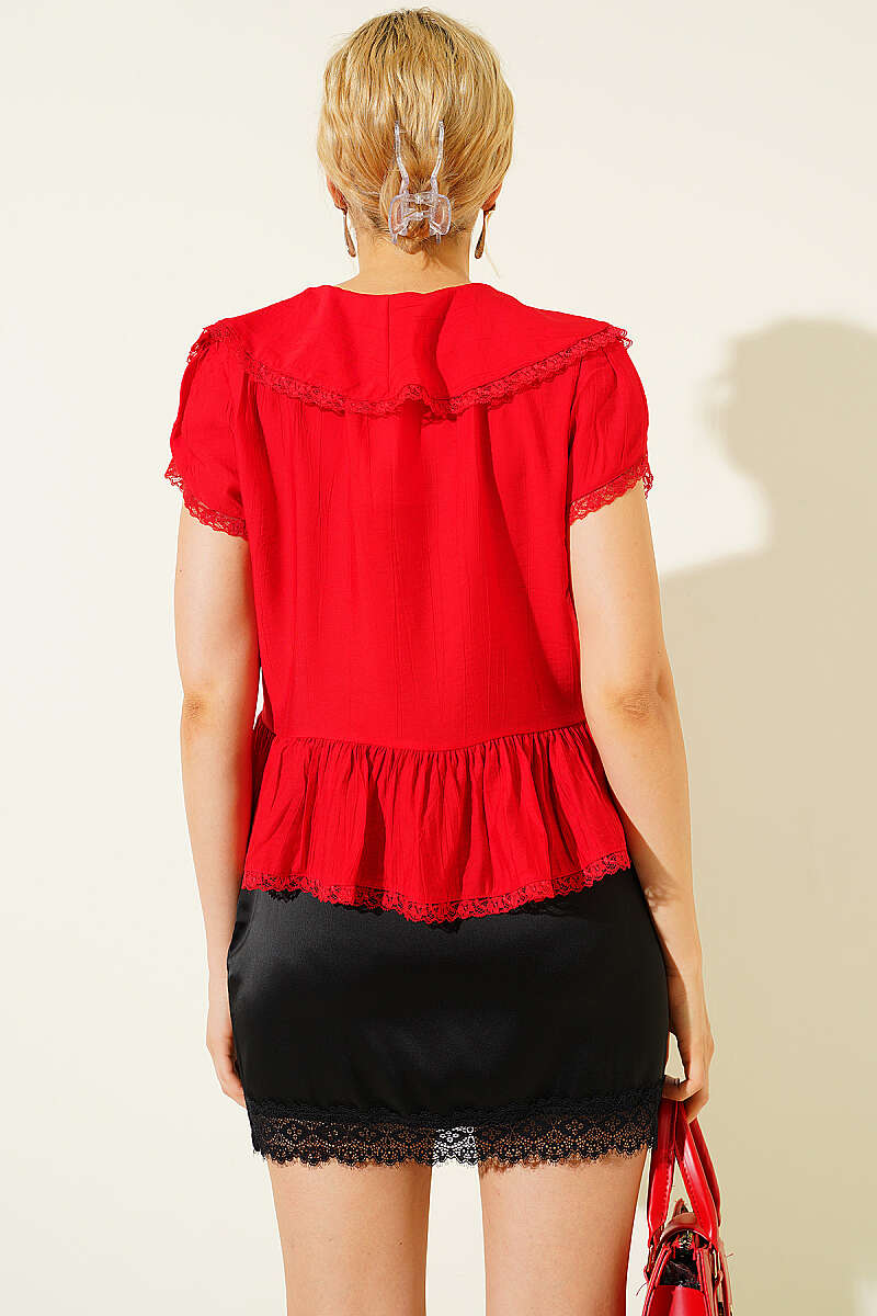 Tie-Front Lace Ruffle Blouse - Red