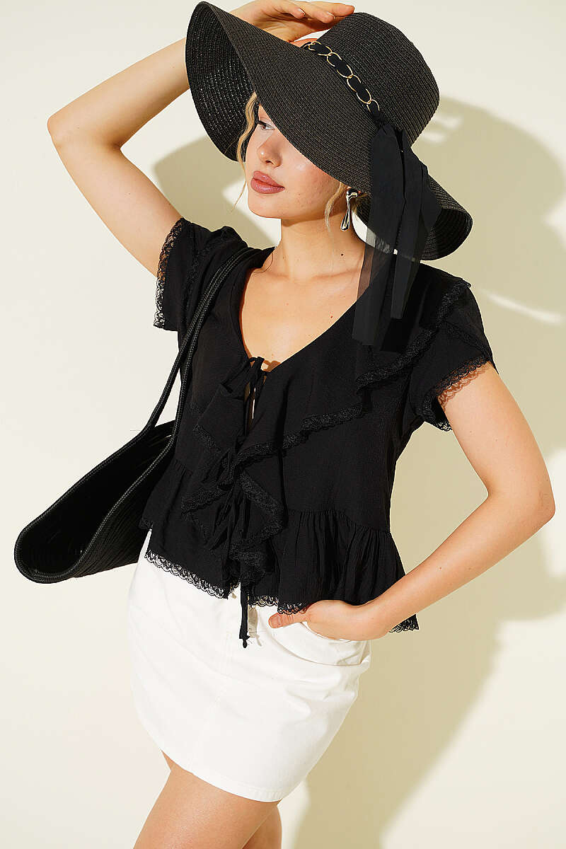 Tie-Front Lace Ruffle Blouse - Black