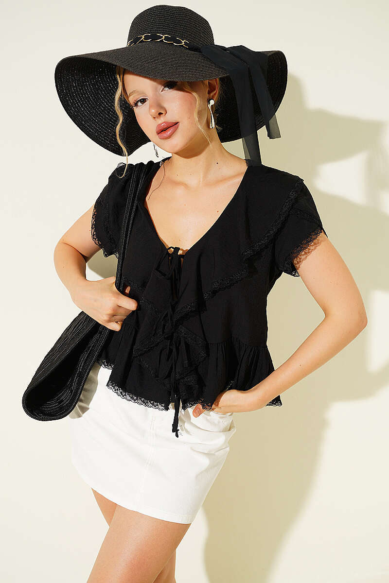 Tie-Front Lace Ruffle Blouse - Black