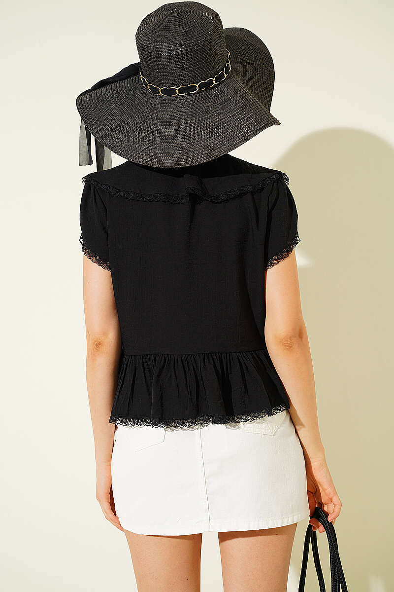 Tie-Front Lace Ruffle Blouse - Black