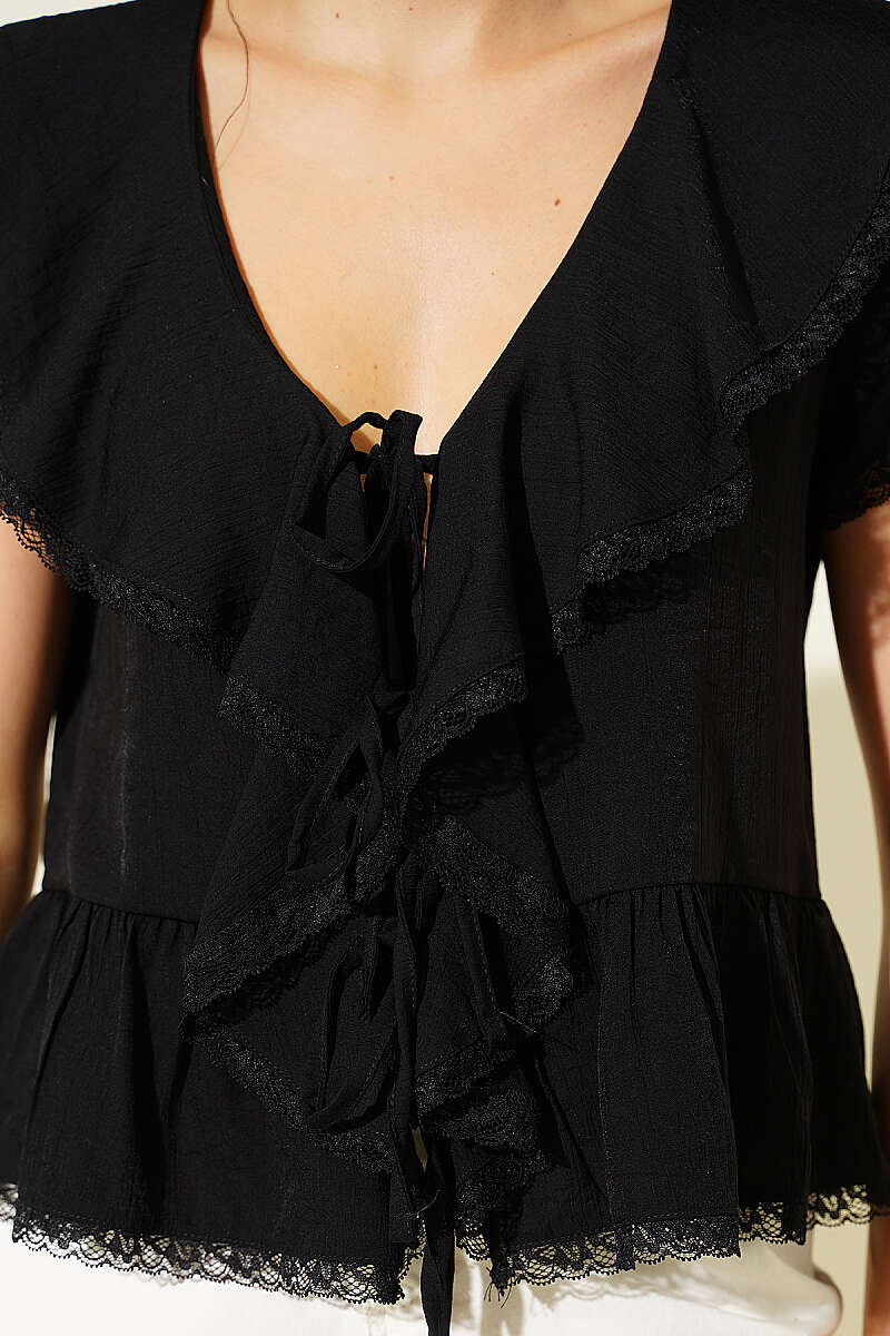 Tie-Front Lace Ruffle Blouse - Black