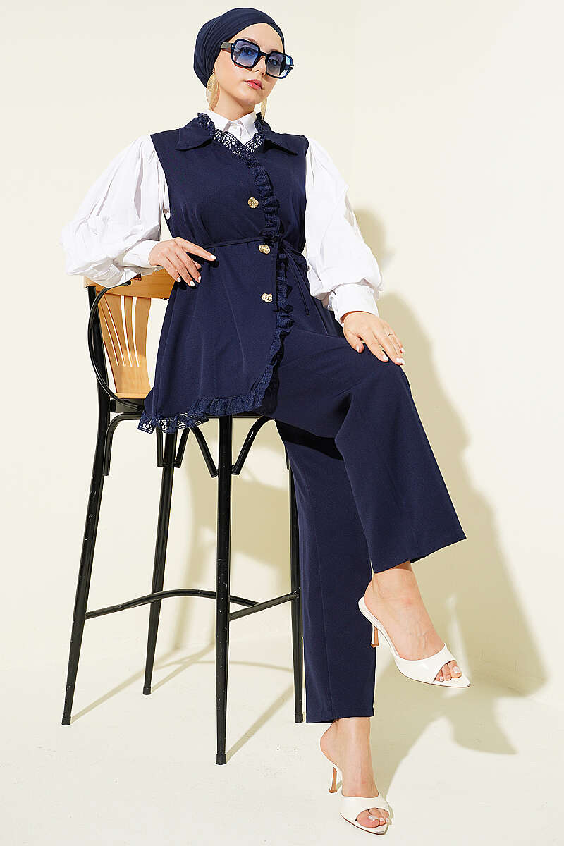 Two-Piece Set with Ruffled Lace Vest - Navy