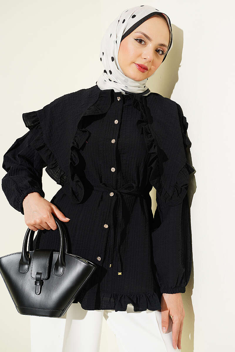 Ruffled Sailor-Collar Shirt with Cord Belt - Black