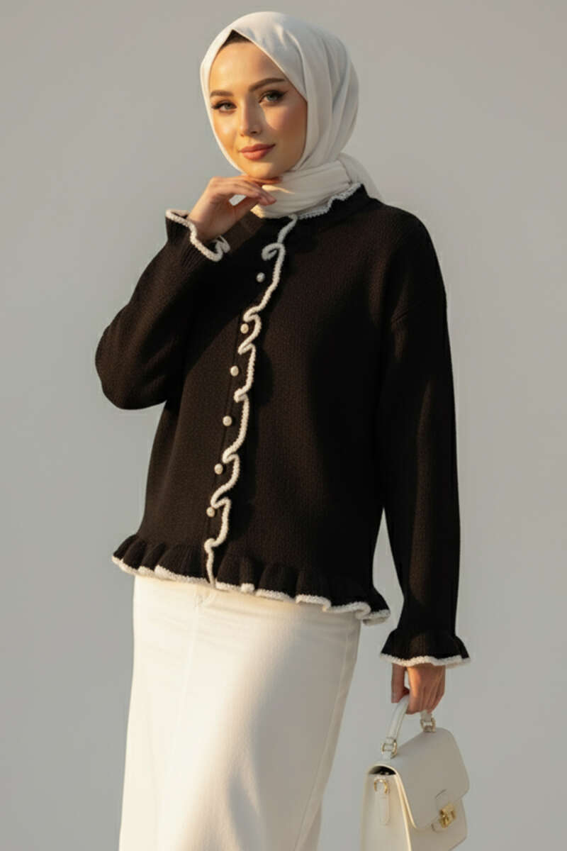 Ruffle Knit Cardigan with Pearl Buttons - Black