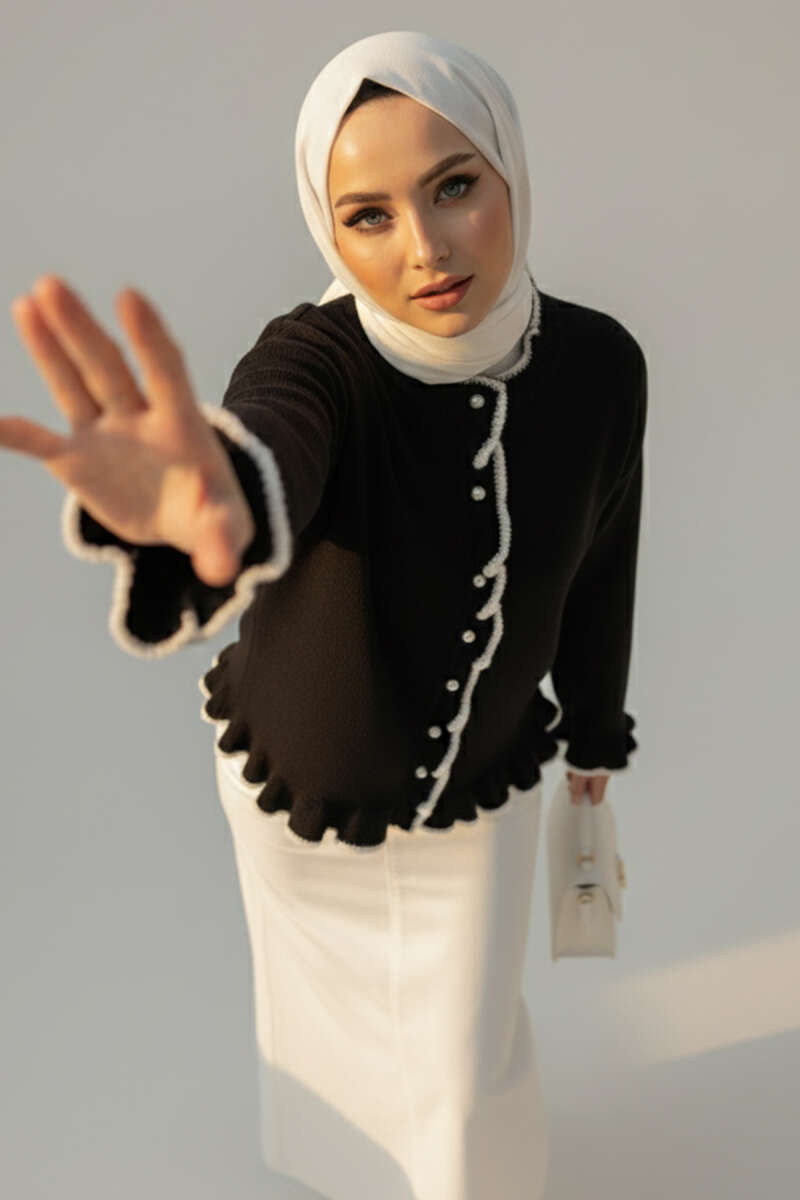 Ruffle Knit Cardigan with Pearl Buttons - Black