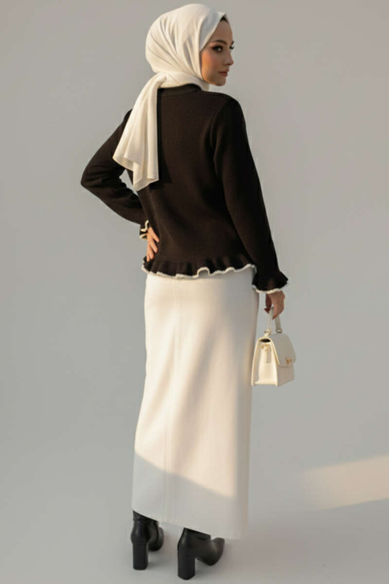 Ruffle Knit Cardigan with Pearl Buttons - Black
