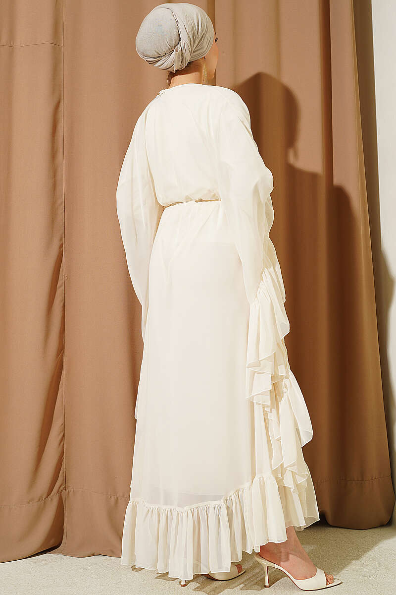 Ruffled Chiffon Dress with Tie Cord - Bone
