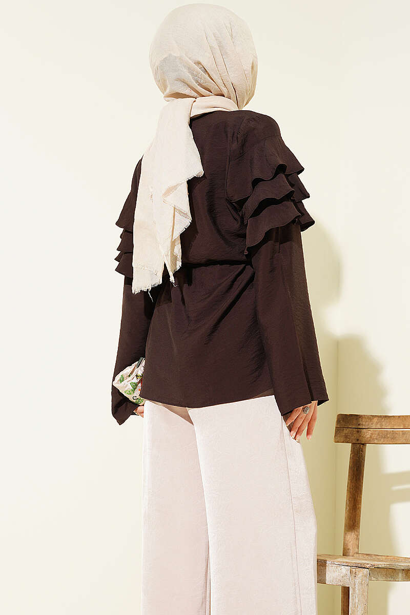 Ruffle Tunic with Tie Belt - Dark Brown
