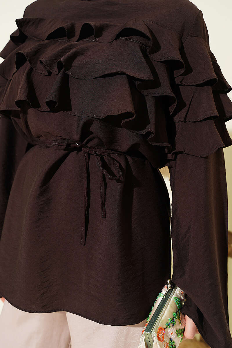 Ruffle Tunic with Tie Belt - Dark Brown