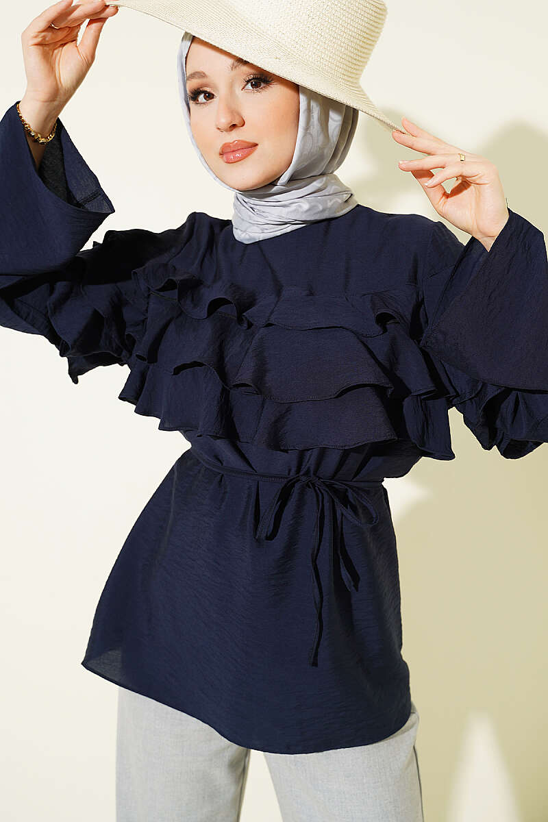 Ruffle Tunic with Tie Belt - Navy