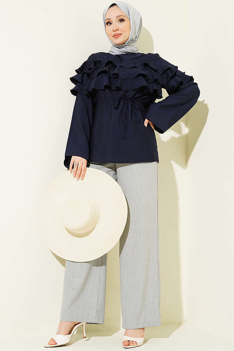 Ruffle Tunic with Tie Belt - Navy