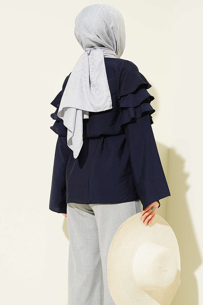 Ruffle Tunic with Tie Belt - Navy