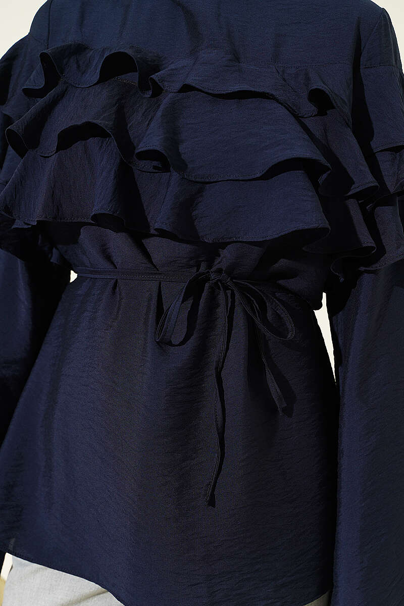 Ruffle Tunic with Tie Belt - Navy