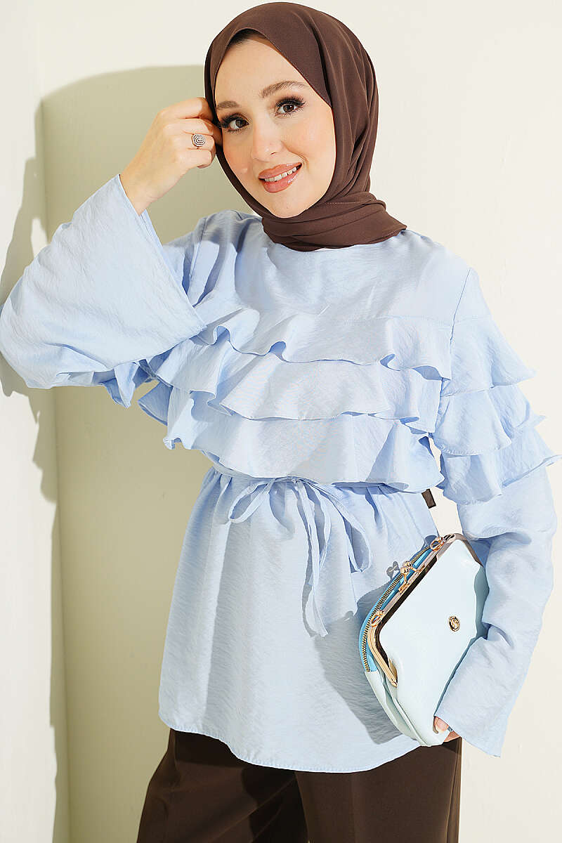 Ruffle Tunic with Tie Belt - Blue