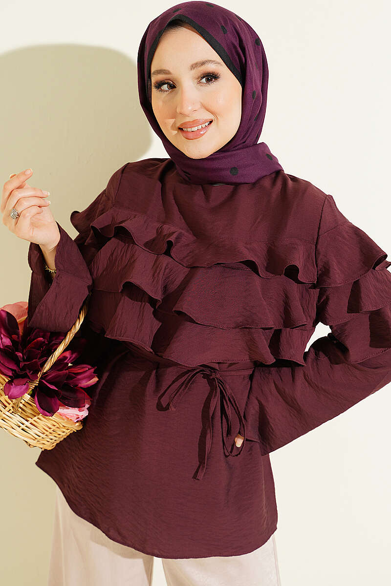 Ruffle Tunic with Tie Belt - Plum