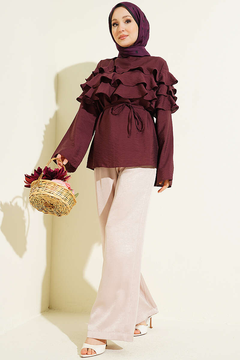 Ruffle Tunic with Tie Belt - Plum
