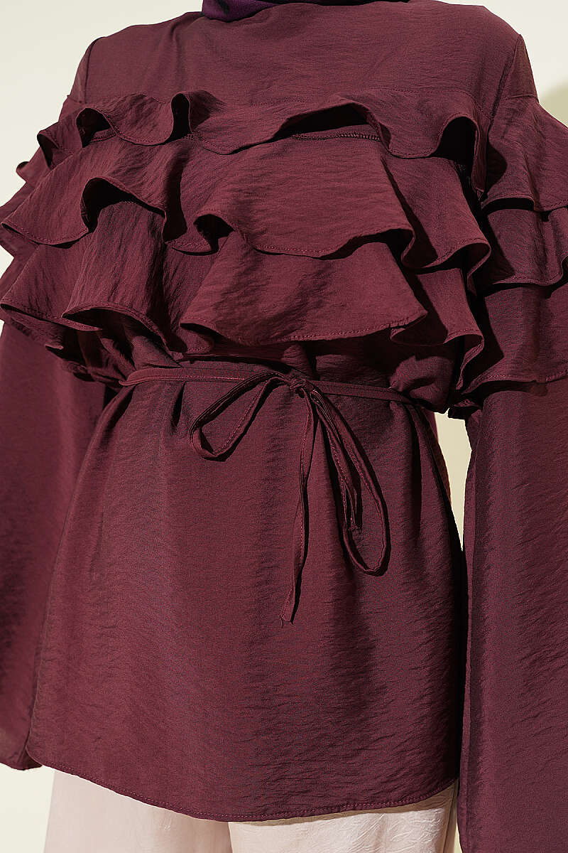 Ruffle Tunic with Tie Belt - Plum