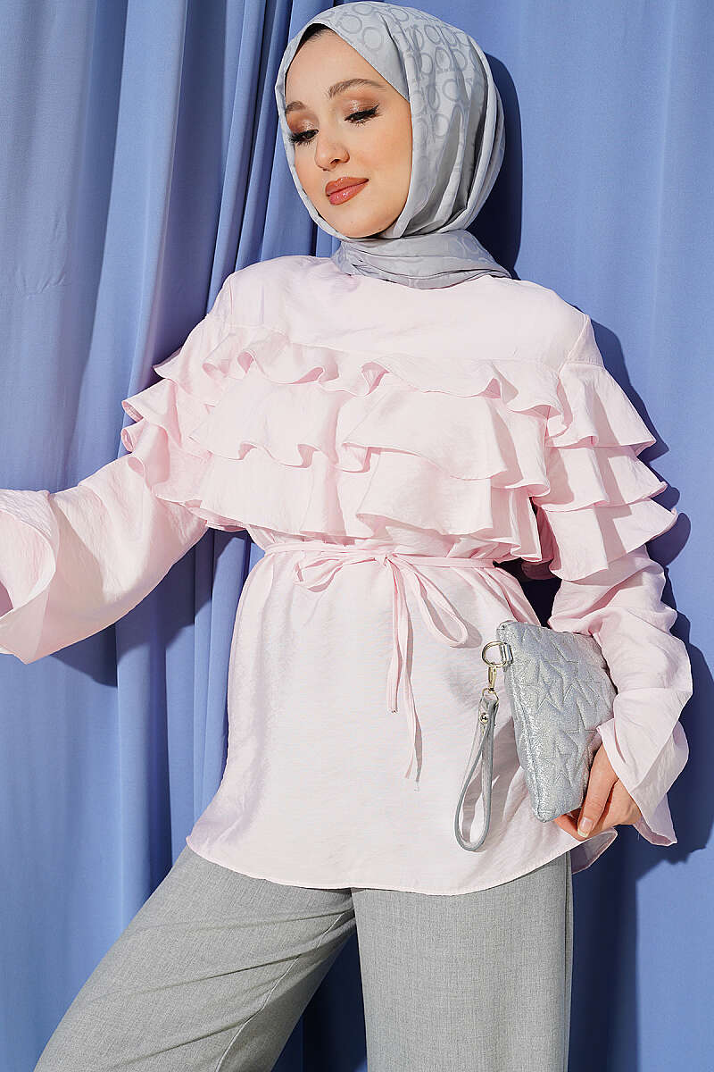 Ruffle Tunic with Tie Belt - Pink