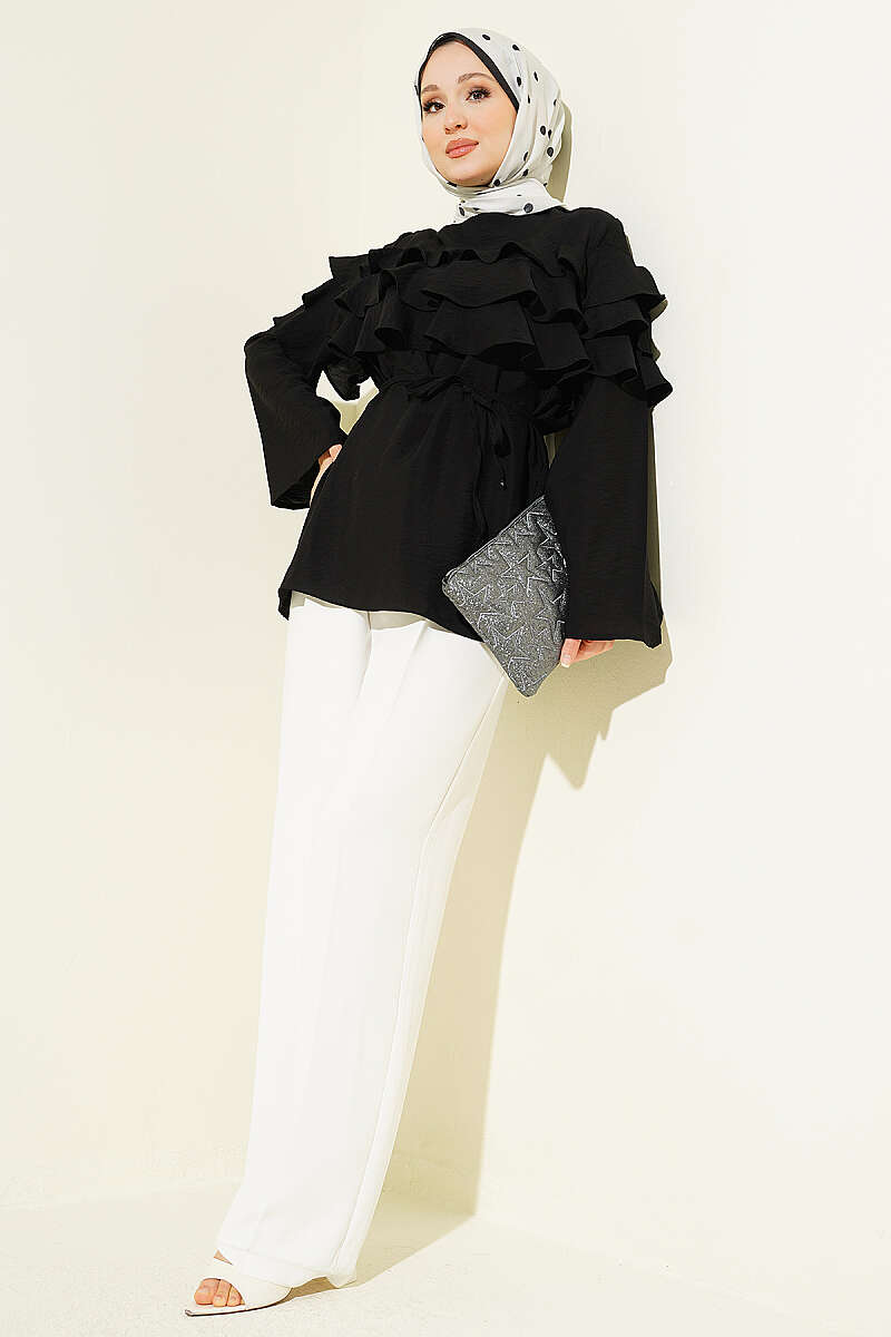 Ruffle Tunic with Tie Belt - Black