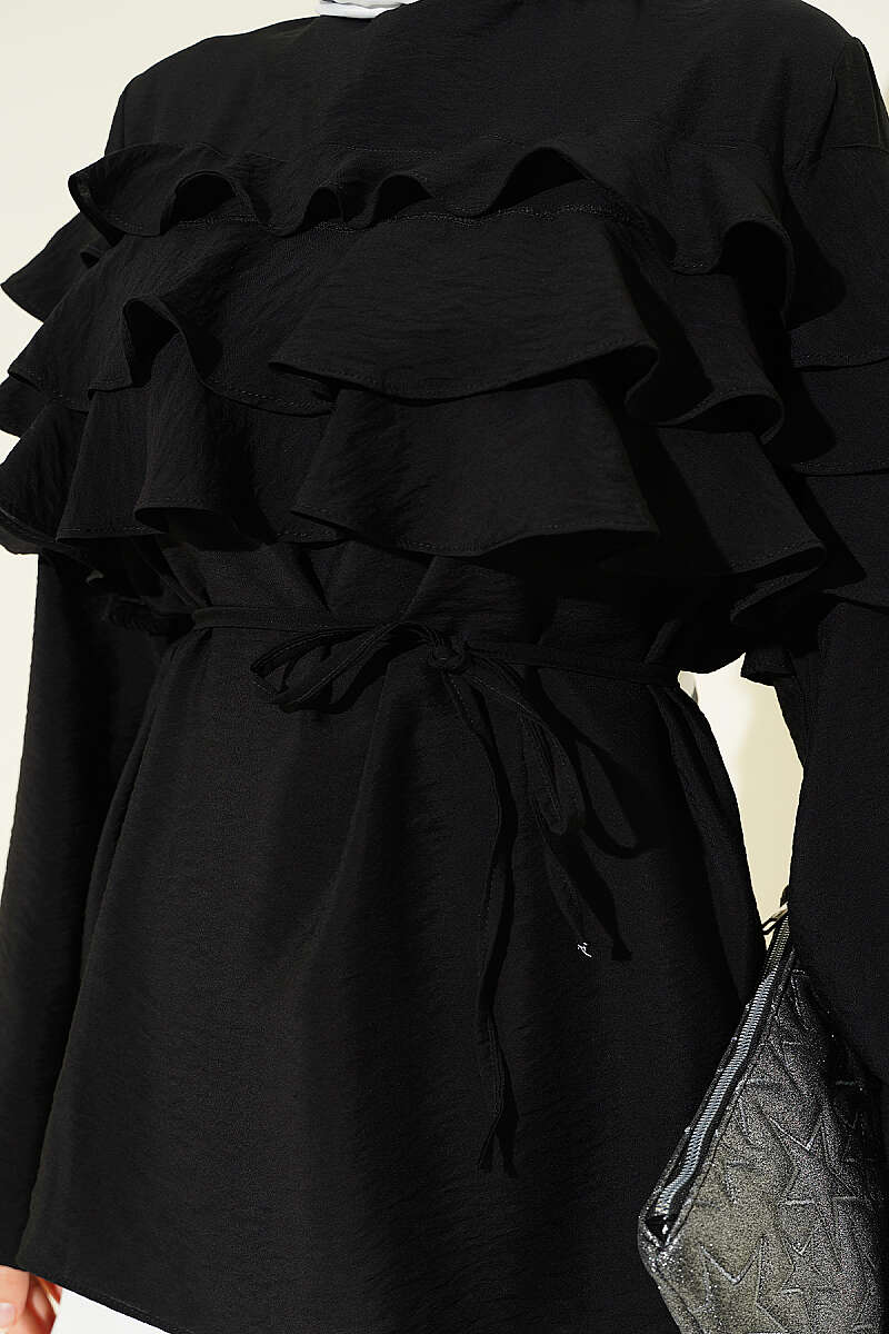 Ruffle Tunic with Tie Belt - Black