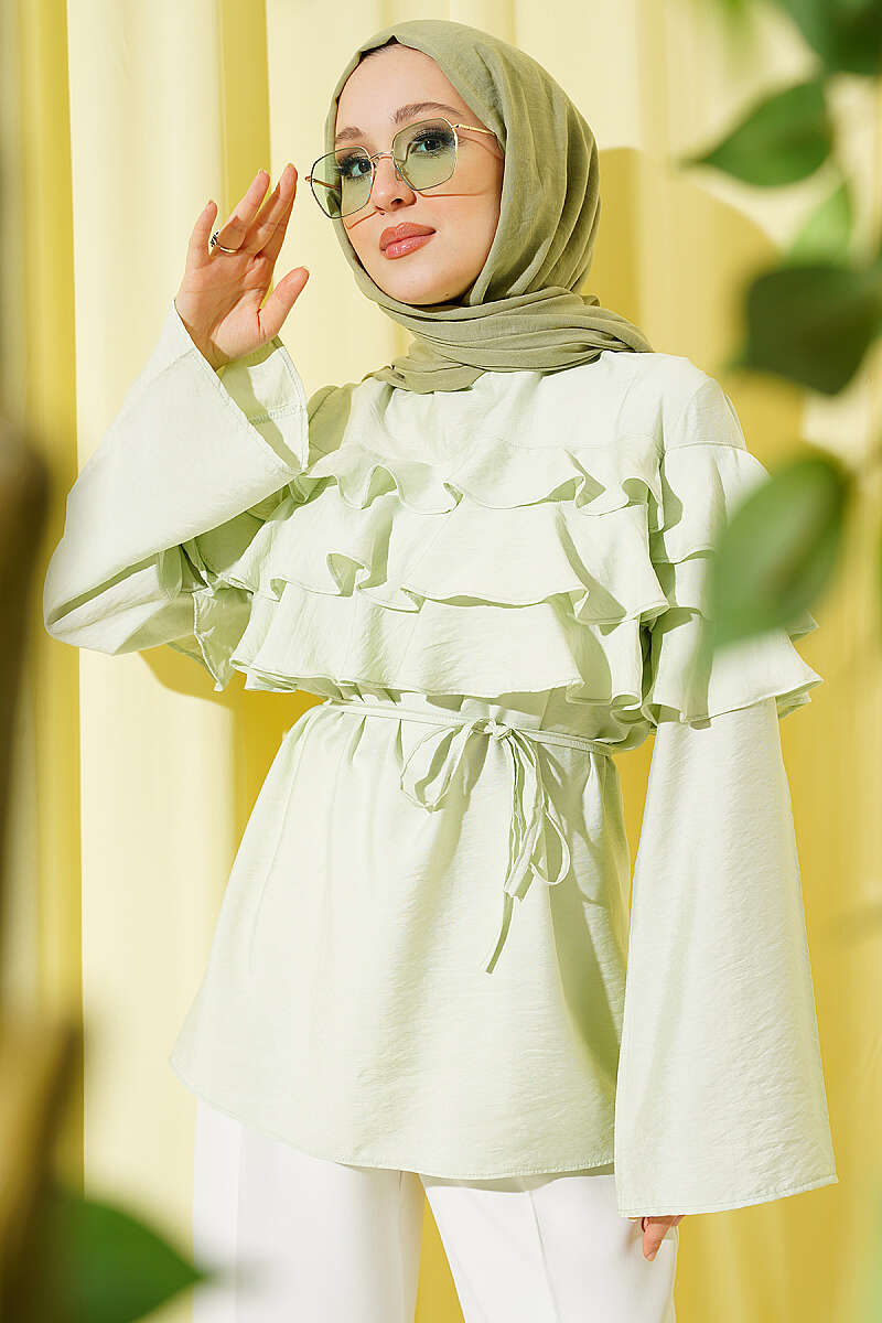 Ruffle Tunic with Tie Belt - Aqua Green