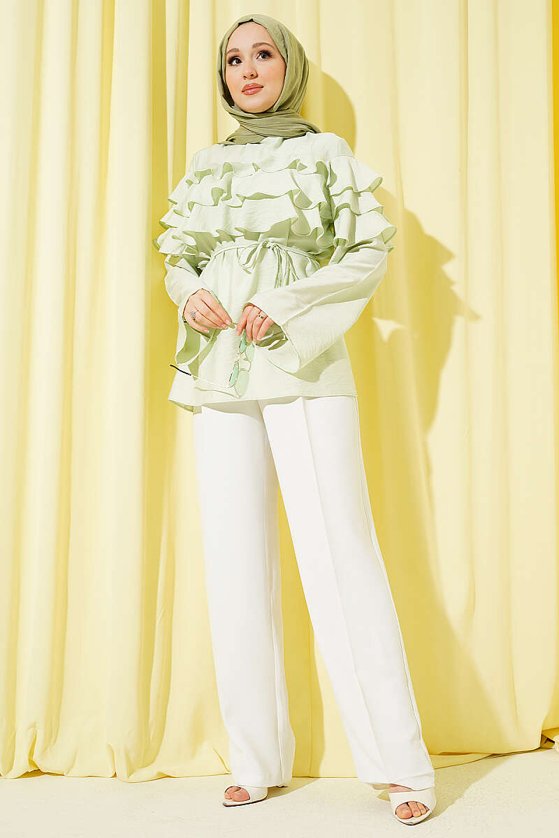 Ruffle Tunic with Tie Belt - Aqua Green