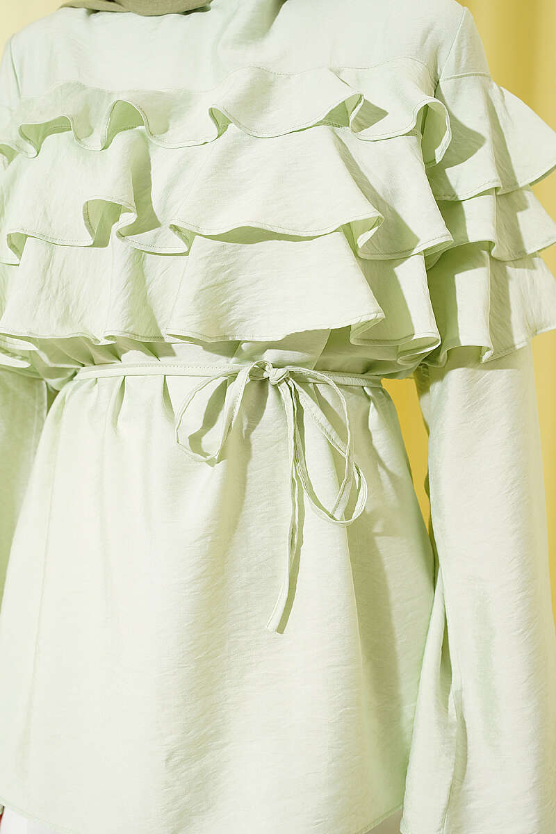 Ruffle Tunic with Tie Belt - Aqua Green