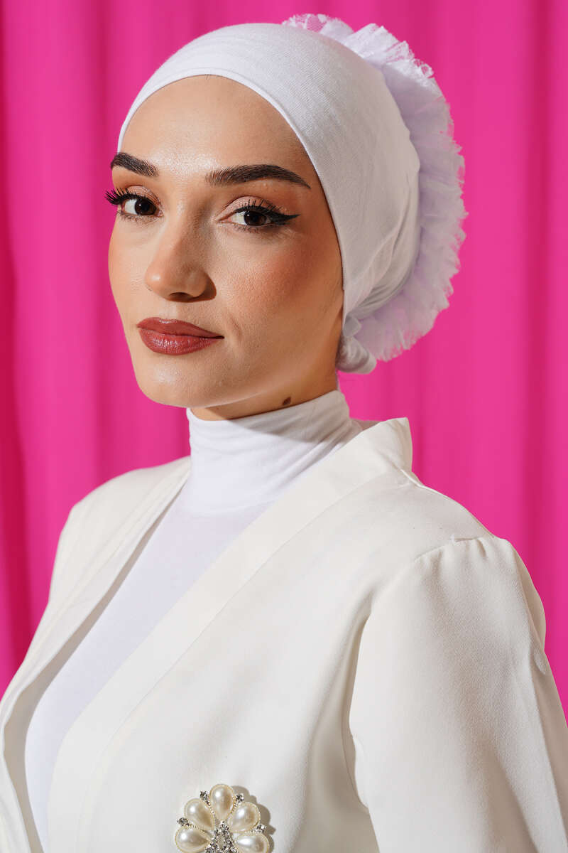 Non-Slip Viscose Underscarf with Ruffle - White