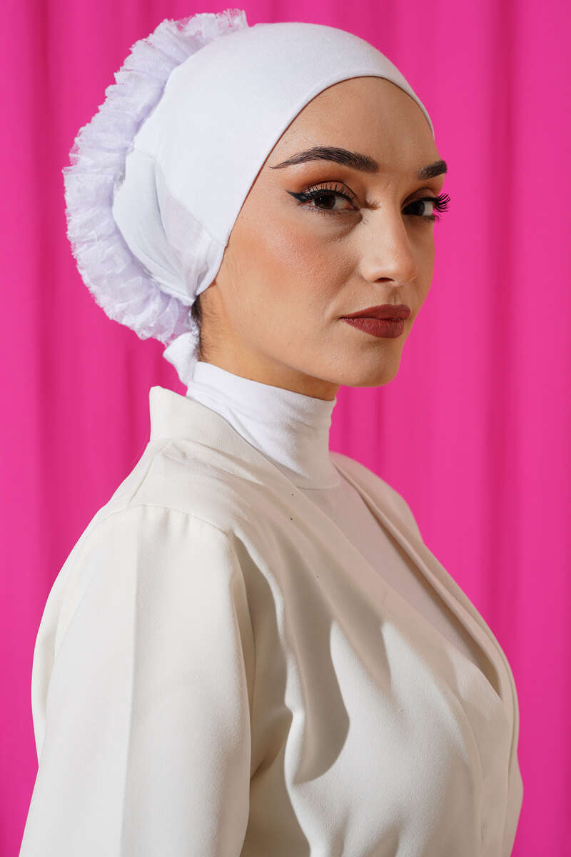 Non-Slip Viscose Underscarf with Ruffle - White
