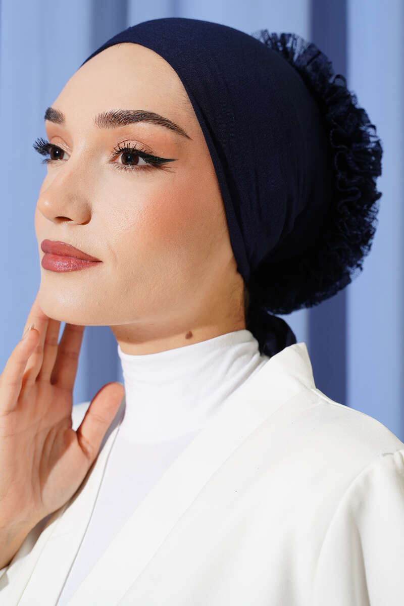 Non-Slip Viscose Underscarf with Ruffle - Navy