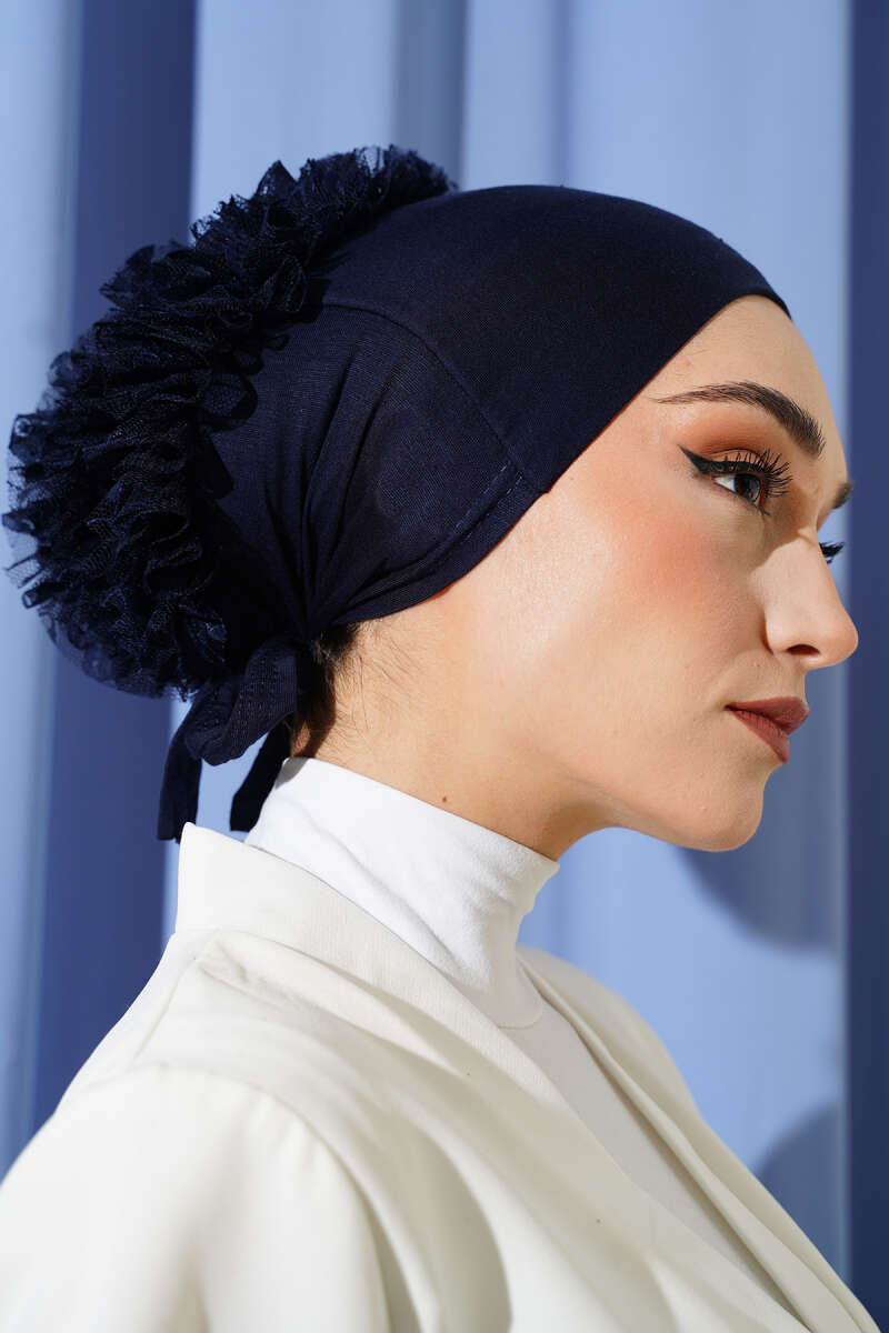 Non-Slip Viscose Underscarf with Ruffle - Navy