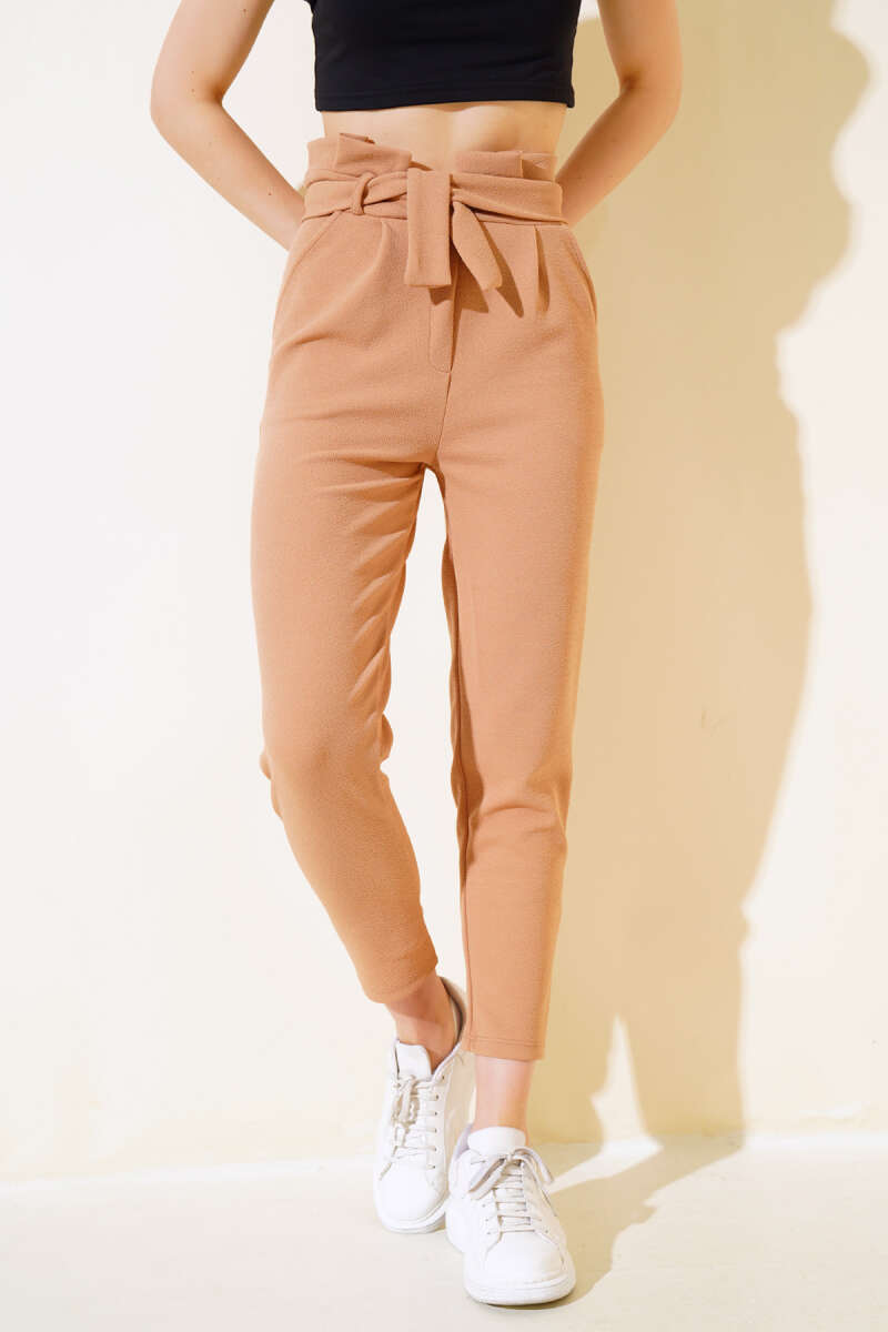 Belted Slim Pants with Ruffle - Camel
