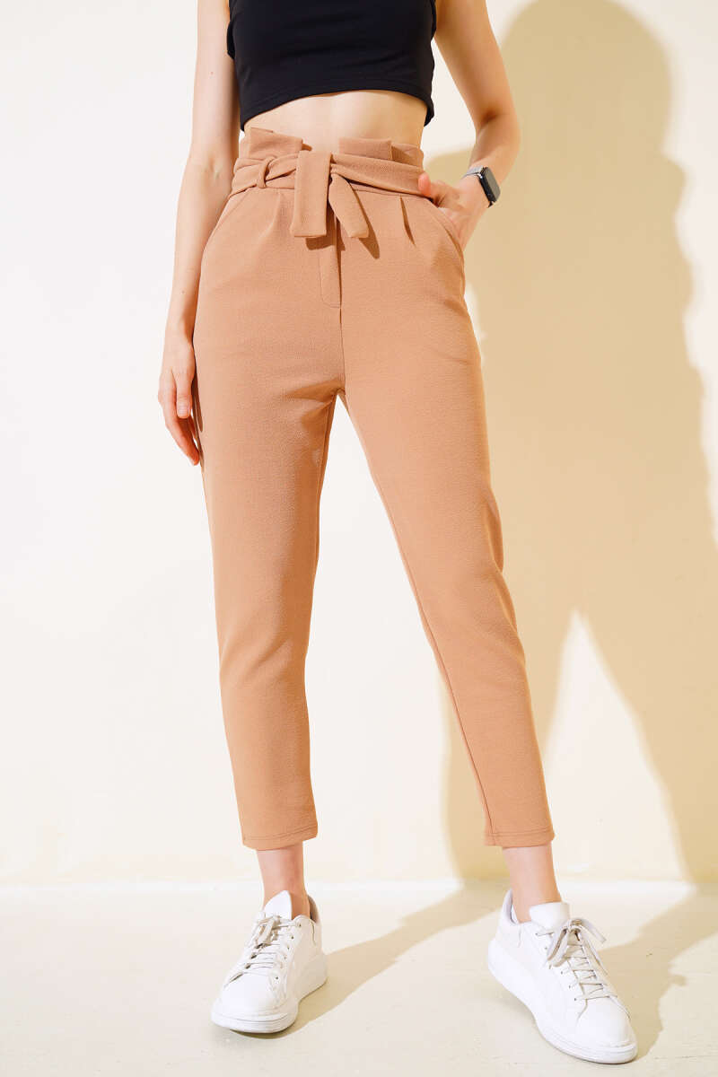 Belted Slim Pants with Ruffle - Camel