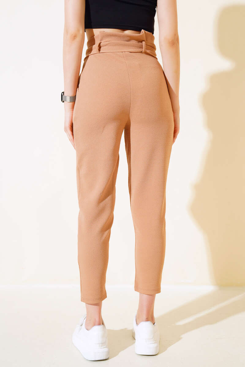 Belted Slim Pants with Ruffle - Camel