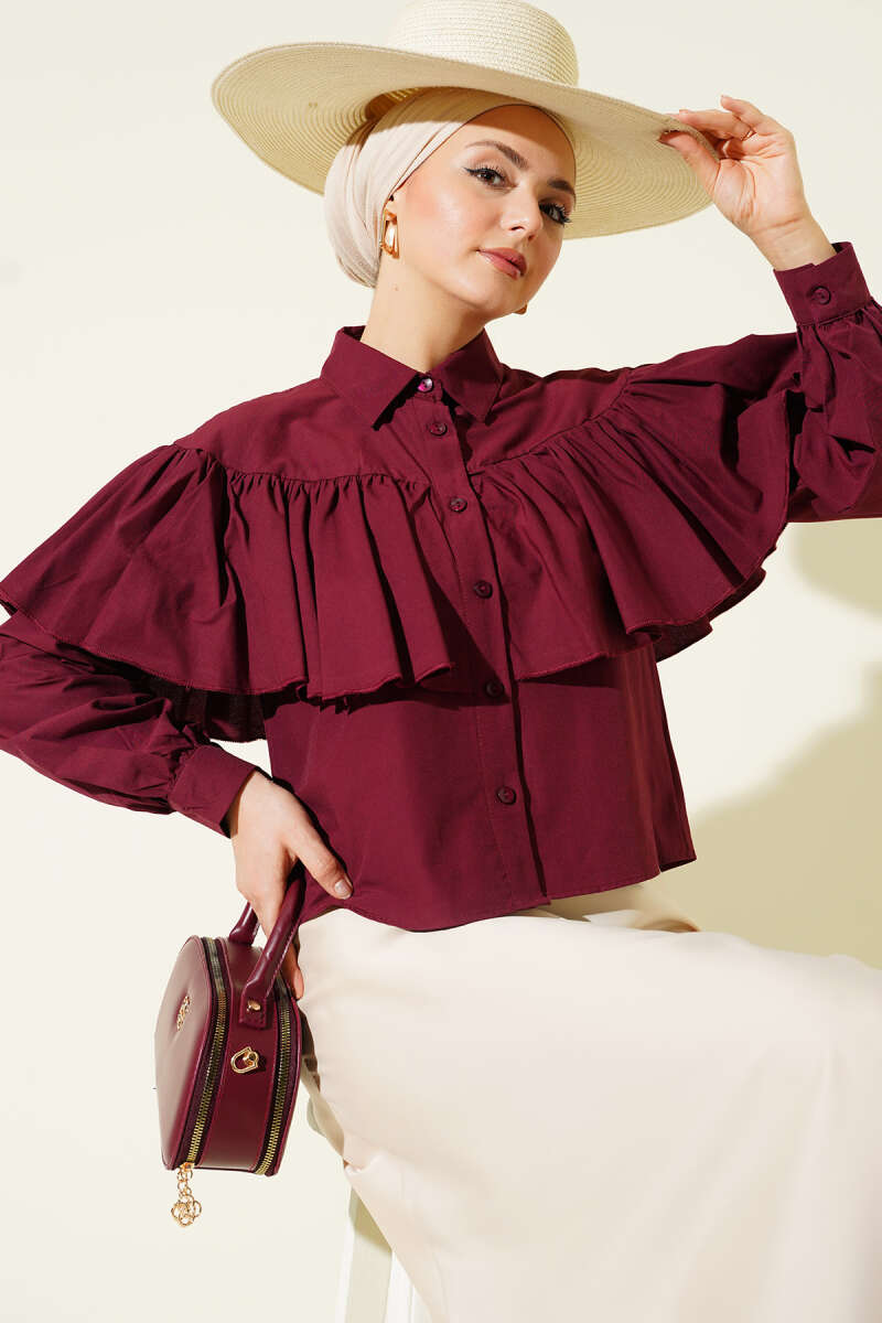 Short Ruffle Shirt with Cape Detail - Burgundy