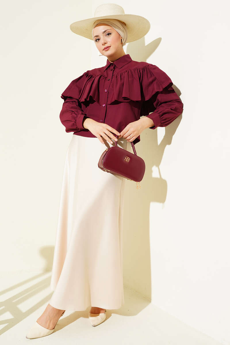 Short Ruffle Shirt with Cape Detail - Burgundy