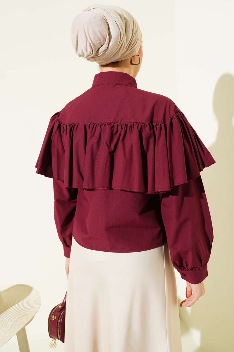 Short Ruffle Shirt with Cape Detail - Burgundy