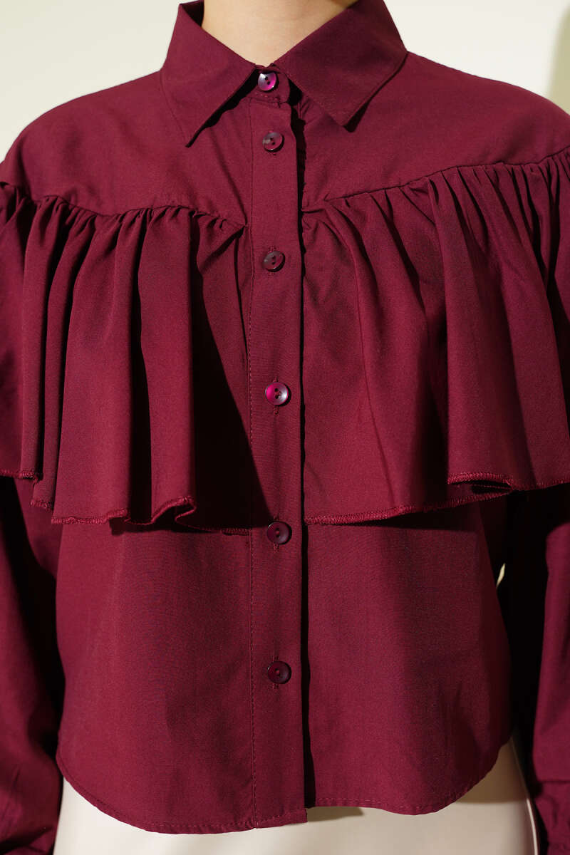 Short Ruffle Shirt with Cape Detail - Burgundy