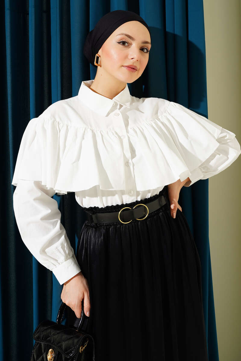 Short Ruffle Shirt with Cape Detail - Ecru